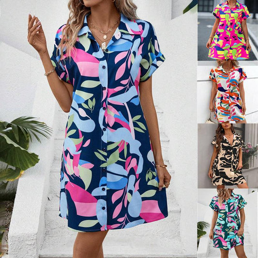 Cheky - New Floral Print Short Sleeve Shirt Dress Summer Fashion Lapel Loose A-line Dresses For Womens Clothing