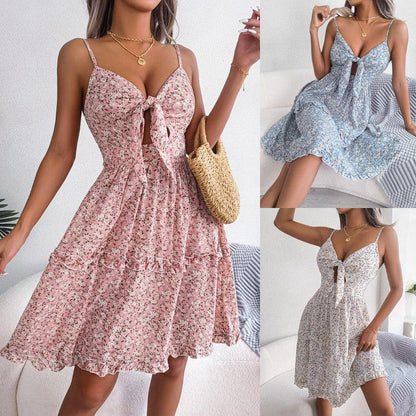 Cheky - Spring And Summer Floral Bow V-neck Ruffled Large Swing Dress