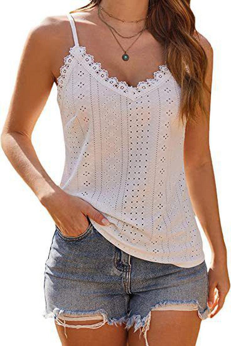 Cheky - Solid Color Hollow Lace Strappy T-shirt