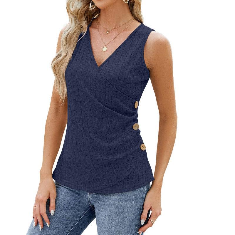 Cheky - Fashion Vest With Button Design New Sleeveless V-neck T-shirt Solid Color Tank Tops Summer Women's Clothing