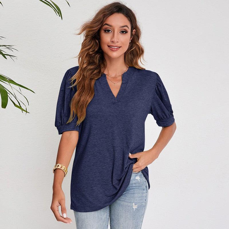 Cheky - Women's Pleated Puff Sleeve Tops Summer V Neck T Shirts Casual Loose Blouses