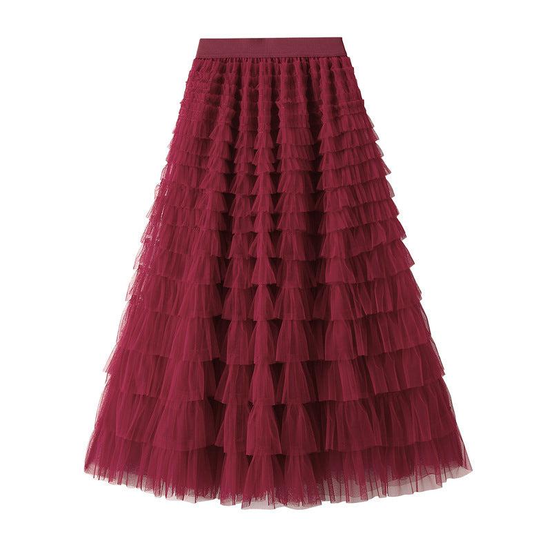 Cheky - A-Line Mesh Ruffle Skirt Women's Temperament Sweet Long Skirt Slim Cupcake Dress Womens Clothing