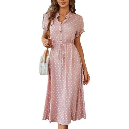 Cheky - Polka Dot Print Shirt Collar Large Swing Dress