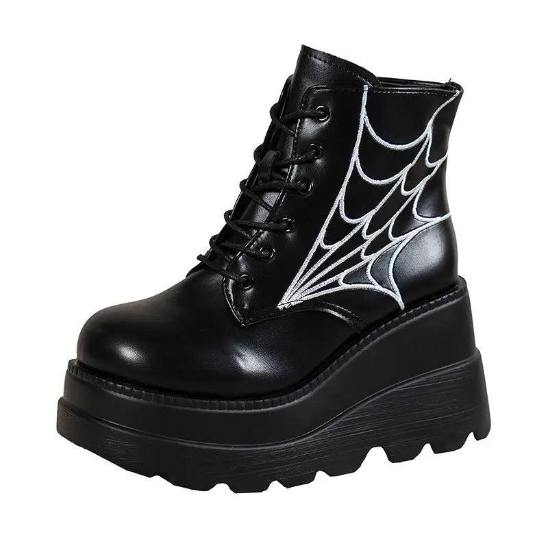 Cheky - Black Martin Boots Fashion Spider Web Print Shoes Chunky Heel Boots For Women