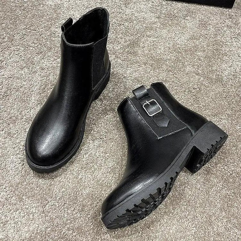 Cheky - Black Martin Boots Winter Buckle Shoes