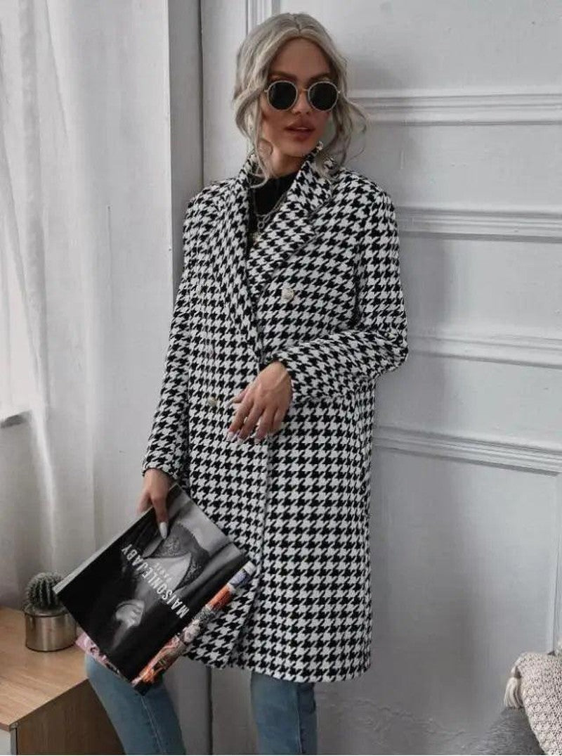 Cheky - Fashion Houndstooth Print Long Woolen Coat