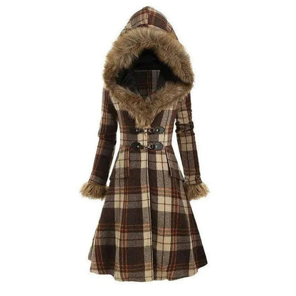 Cheky - Hooded fur and woolen mid-length coat