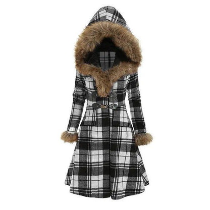 Cheky - Hooded fur and woolen mid-length coat