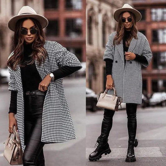 Cheky - Houndstooth Three-Quarter Sleeve Woolen Coat