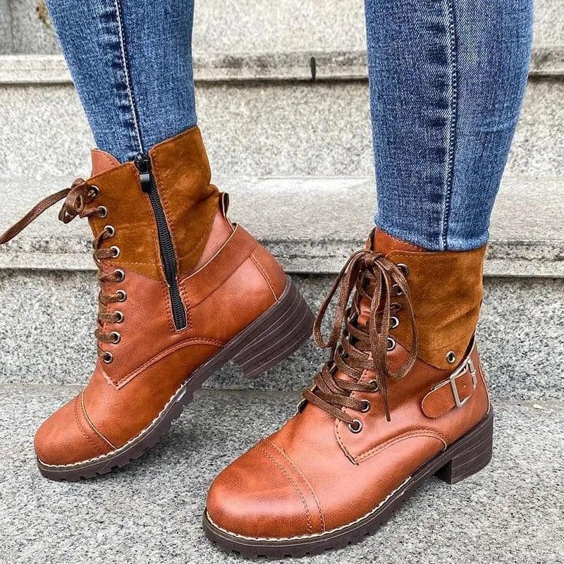 Cheky - Lace-up Boots Winter Buckle Cowboy Boots Women Low Heel