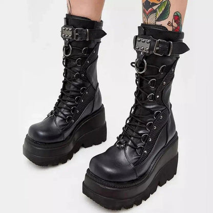 Cheky - Lace-Up Combat Boot Motorcycle Black Bucke Chunky Boots For Women Winter Shoes