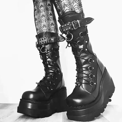 Cheky - Lace-Up Combat Boot Motorcycle Black Bucke Chunky Boots For Women Winter Shoes