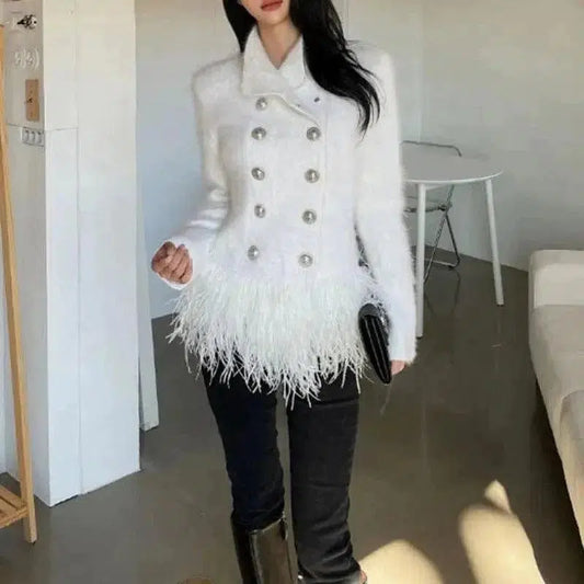 Cheky - Lapel Long Sleeve Slim Double Breasted Tassel Coat Women