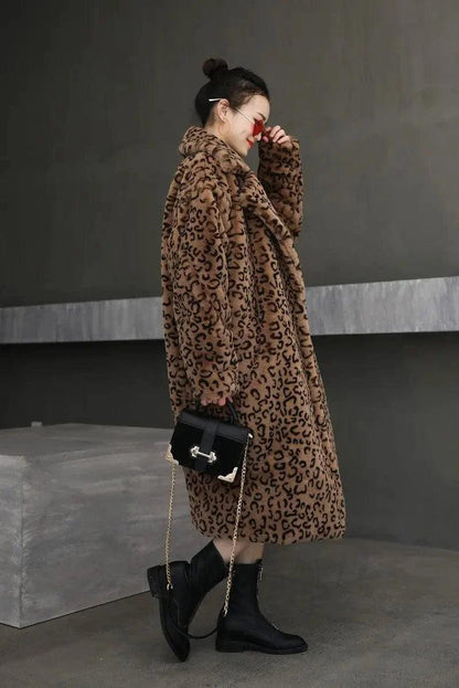 Cheky - Leopard print oversized suit collar fur coat