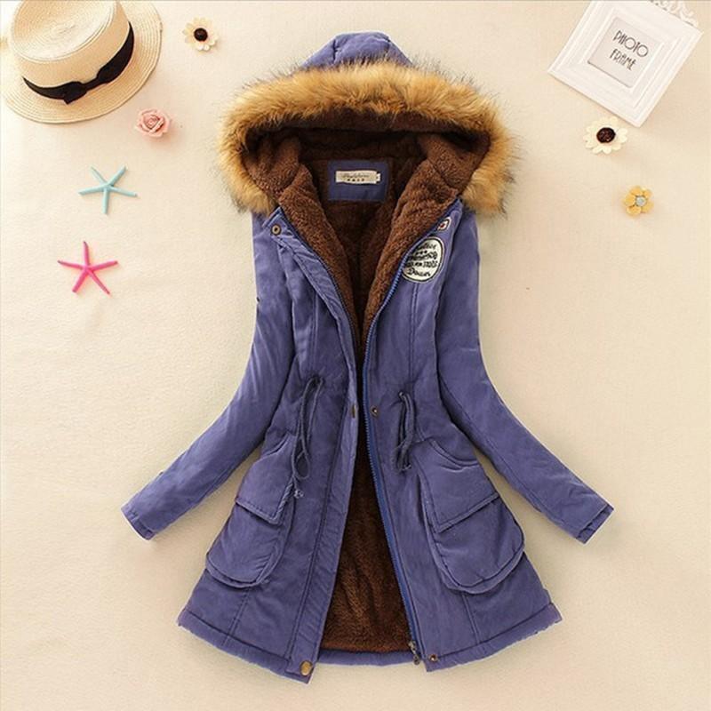 Cheky - Long Women's Cotton-Padded Jacket With Wool Collar