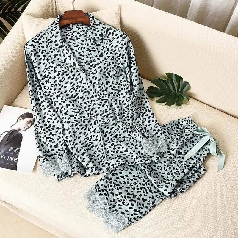 Cheky - Long Sleeve Pajamas Thin Silk Ice Silk Two-piece Suit