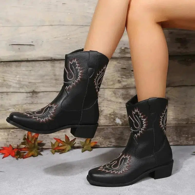 Cheky - New Large Short Boots Embroidered Ethnic Style Slope Heel Casual Women