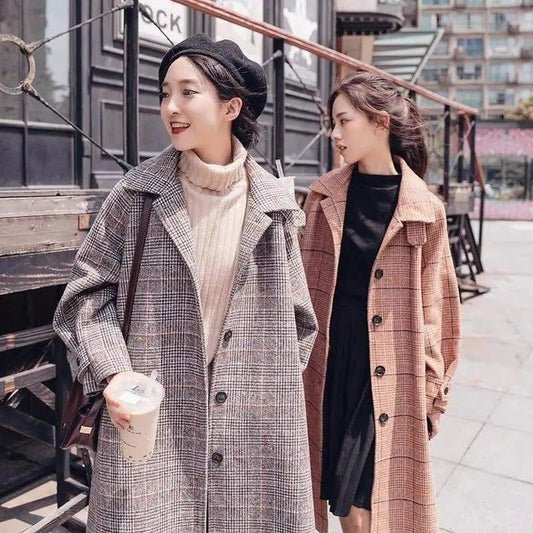 Cheky - Plaid woolen coat female long section Korean version winter