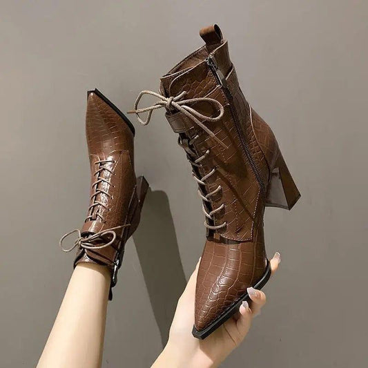 Cheky - Pointed-toe Boots Winter Alligator Pattern Lace-up Shoes Women