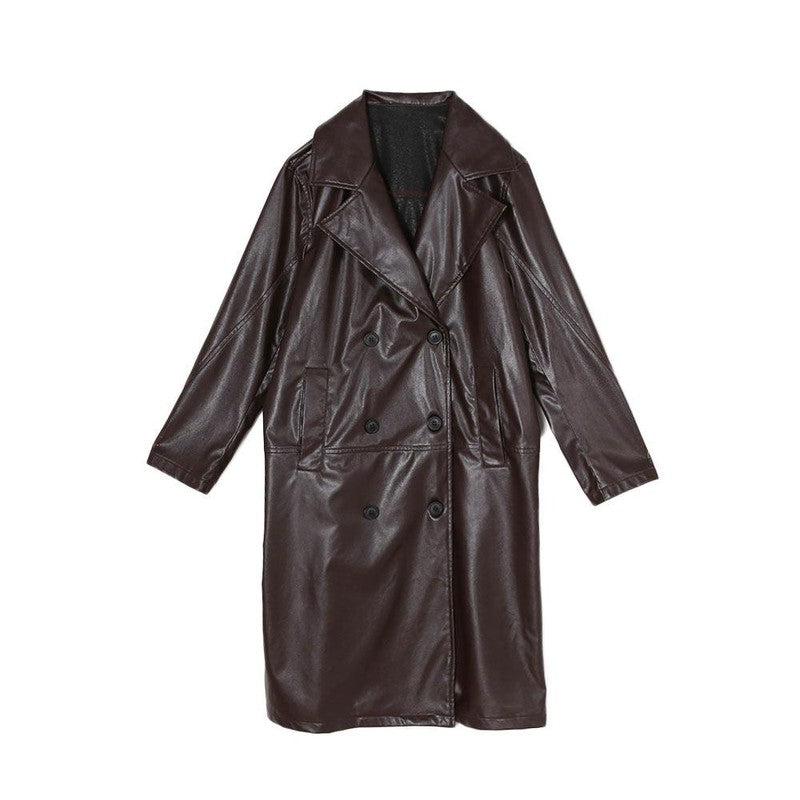 Cheky - Retro Coat Women's Long Temperament PU Leather Jacket