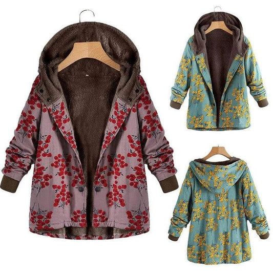 Cheky - Retro flower print plus size hooded jacket top