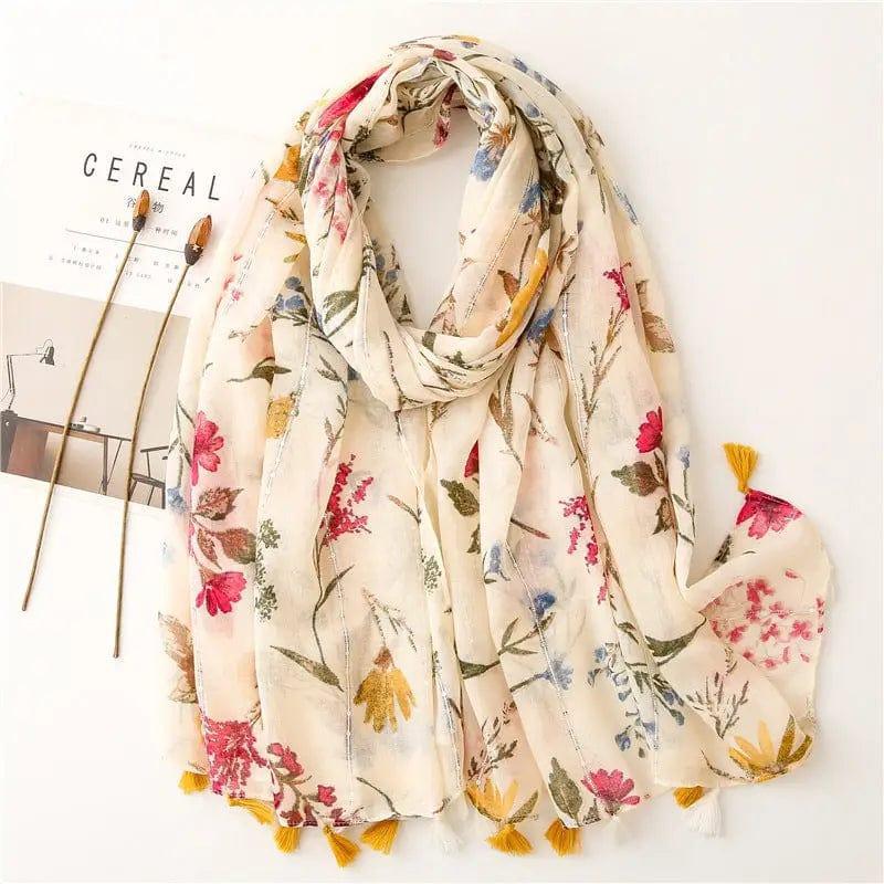 Cheky - Retro Style Rice Coffee Flower With Sequin Scarf Travel Sunscreen Long Style