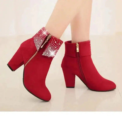 Cheky - Rhinestone nubuck short heel women boots