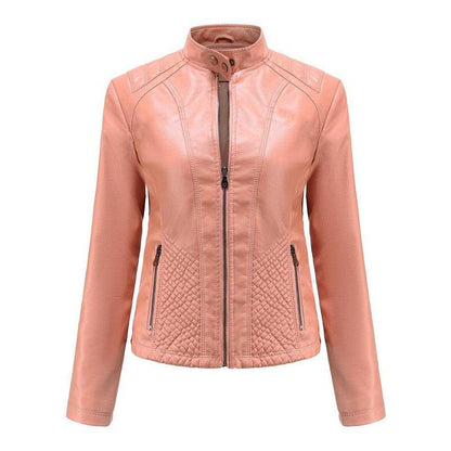 Cheky - Simple European And American Trend Thin Coat Long Sleeve Motorcycle Jacket Women