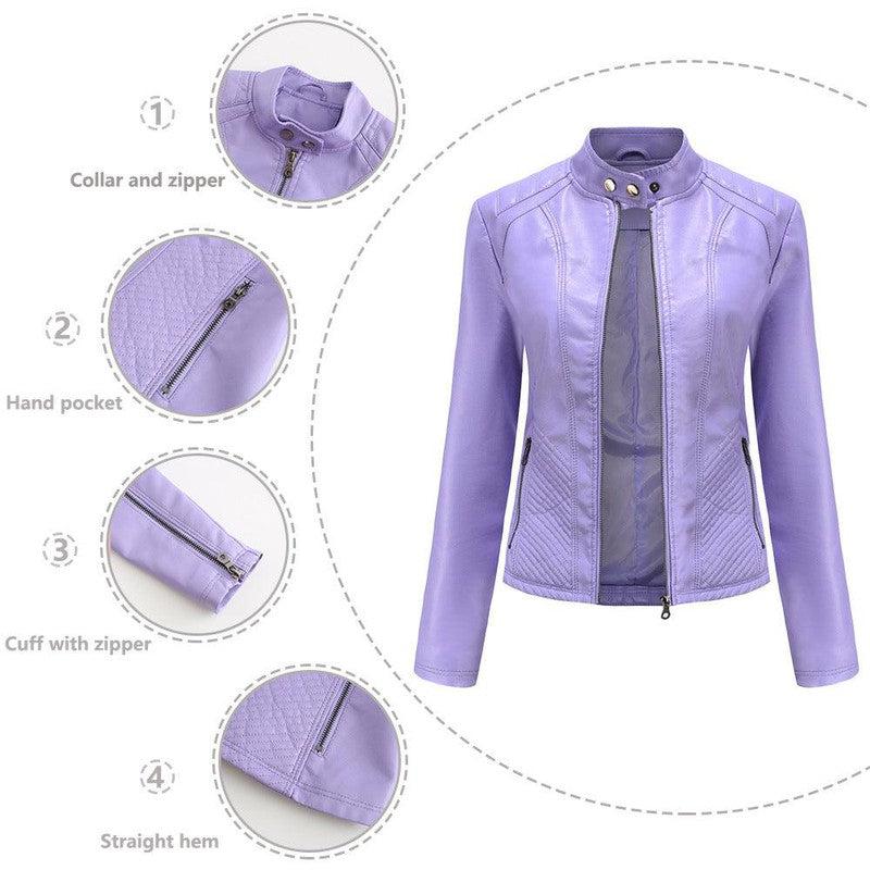 Cheky - Simple European And American Trend Thin Coat Long Sleeve Motorcycle Jacket Women