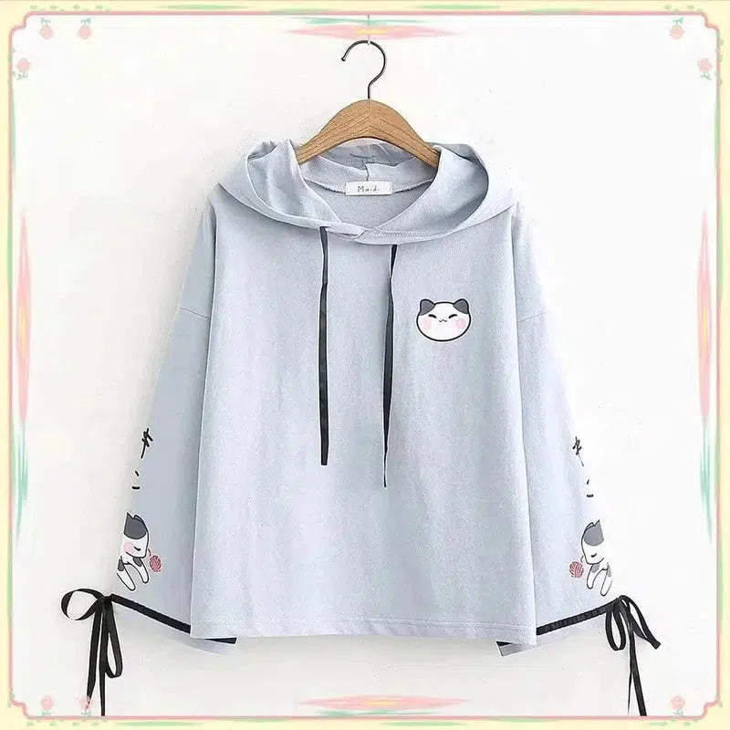 Cheky - Sweet And Cute Childlike Cat Print Lace Cotton Loose Casual