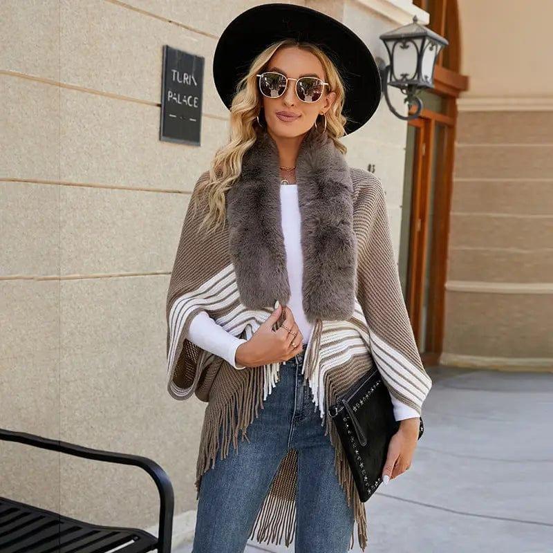 Cheky - Tassel Cape And Shawl Women's Striped Fur Collar Scarf