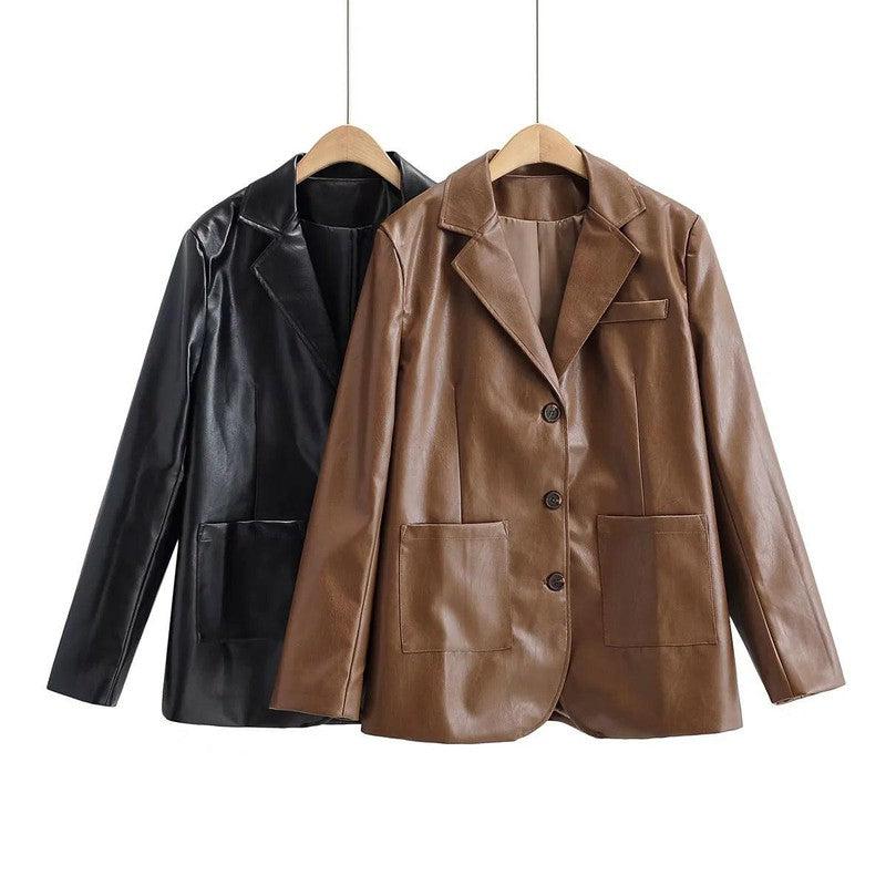 Cheky - Temperament Commuting Light Cooked Wind Big Pocket Faux Leather Suit Jacket