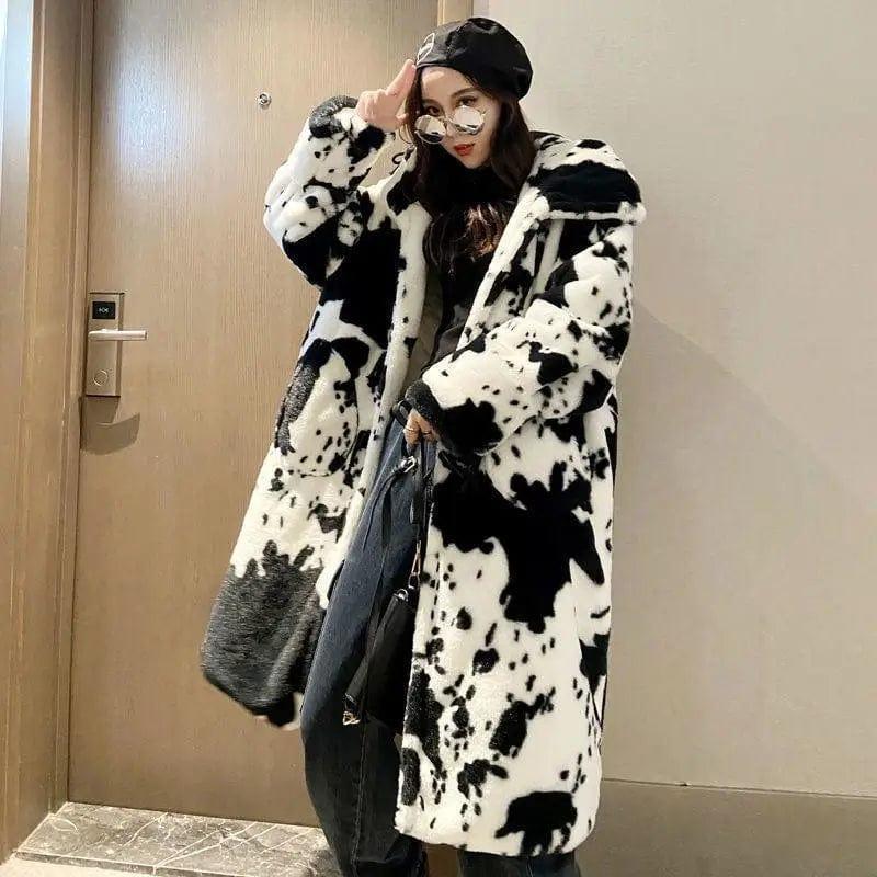 Cheky - Winter New Cow Pattern Fur Coat Women Over The Knee