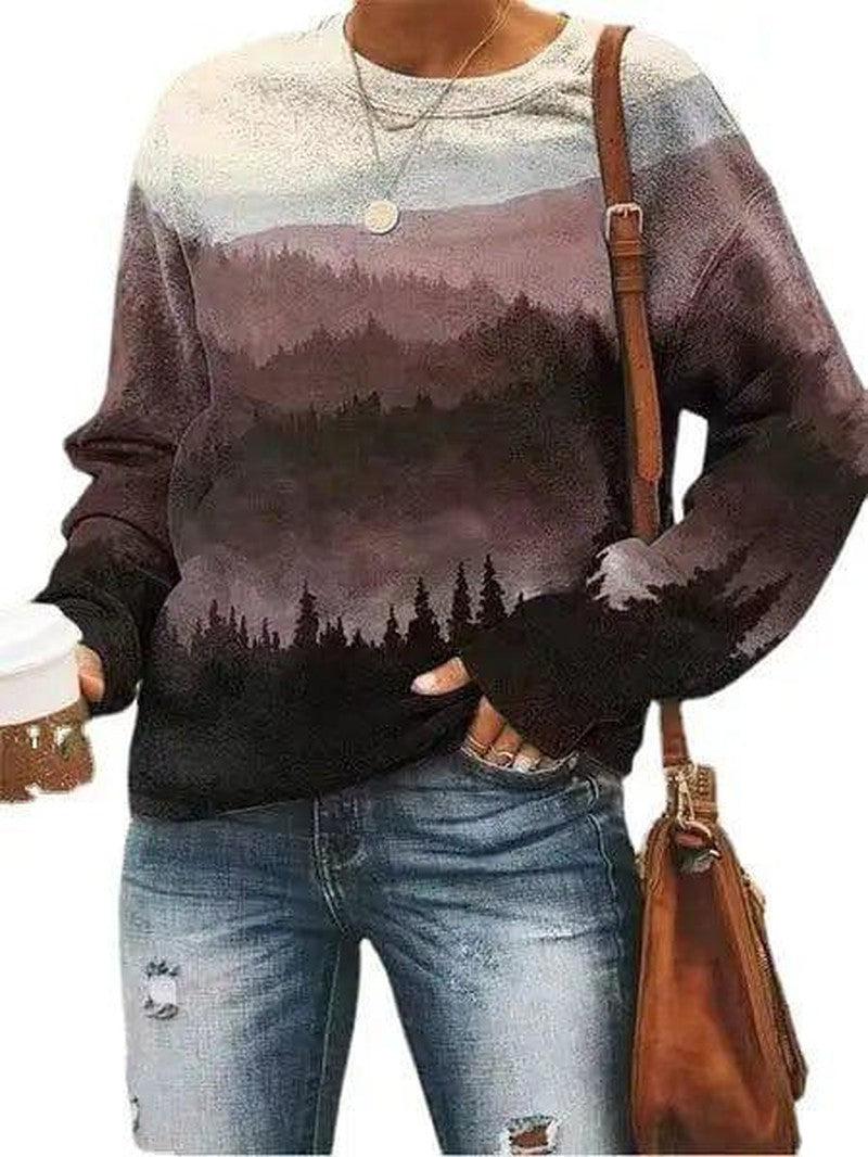 Cheky - Women's Landscape Floral Print Long Sleeve Pullover