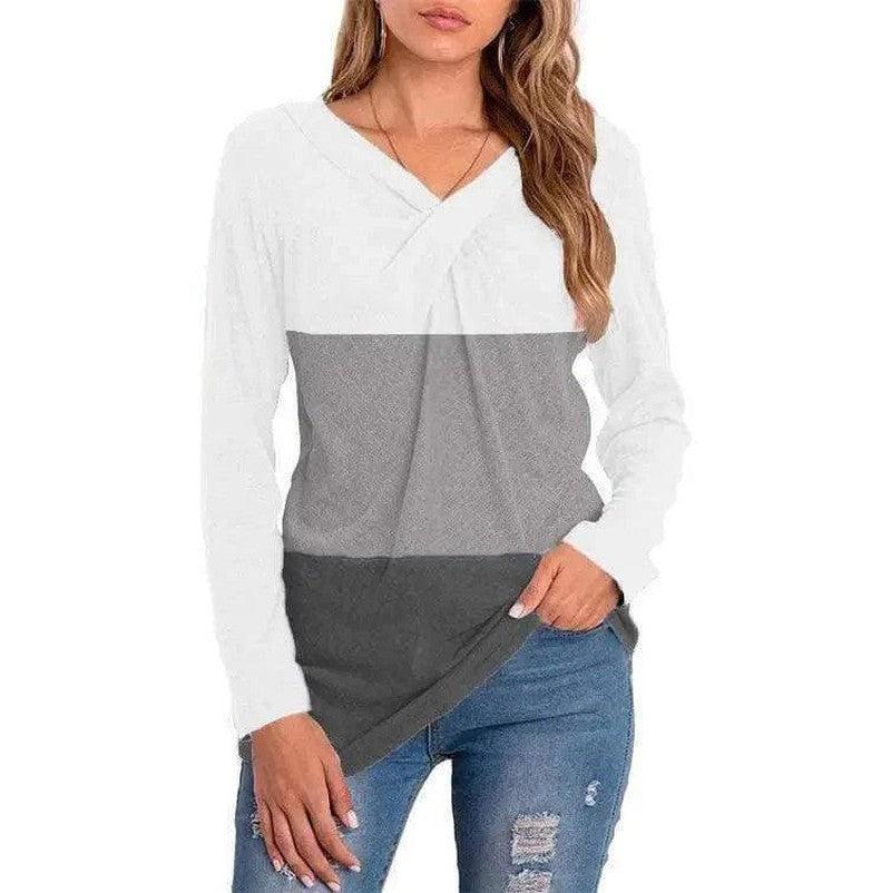 Cheky - Women's New V-neck Long-sleeved Stitching T-shirt Top