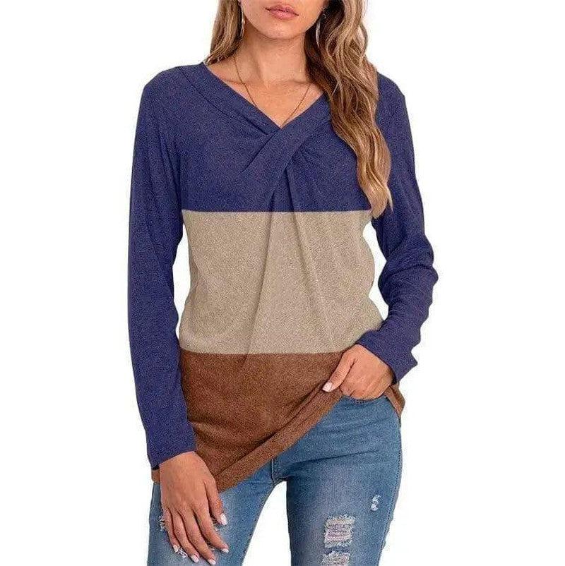 Cheky - Women's New V-neck Long-sleeved Stitching T-shirt Top