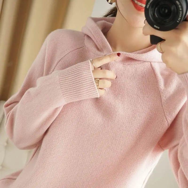 Cheky - Wool Sweater Women's Hooded Pullover Long-sleeved Knitted